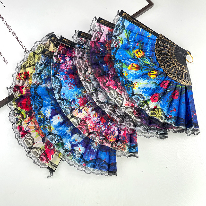 Fekete rúd műanyag kiváló minőségű csipke csipke tánc kellékek szövet európai stílusú spanyol összecsukható legyező