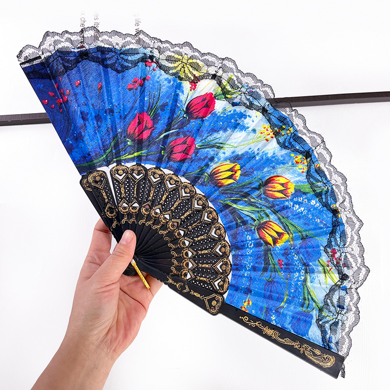 Fekete rúd műanyag kiváló minőségű csipke csipke tánc kellékek szövet európai stílusú spanyol összecsukható legyező