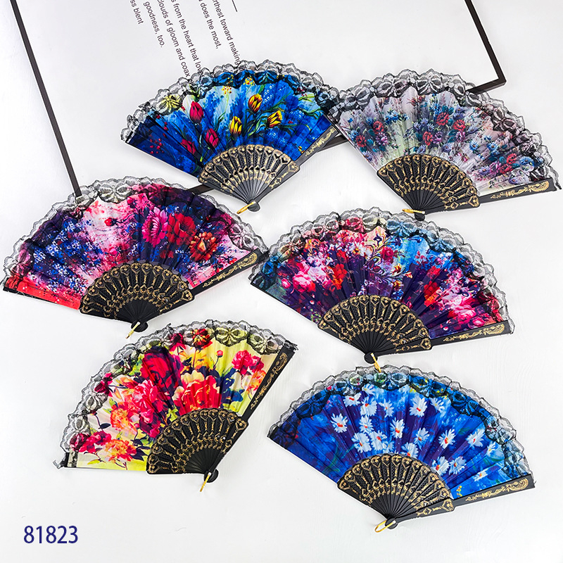 Fekete rúd műanyag kiváló minőségű csipke csipke tánc kellékek szövet európai stílusú spanyol összecsukható legyező