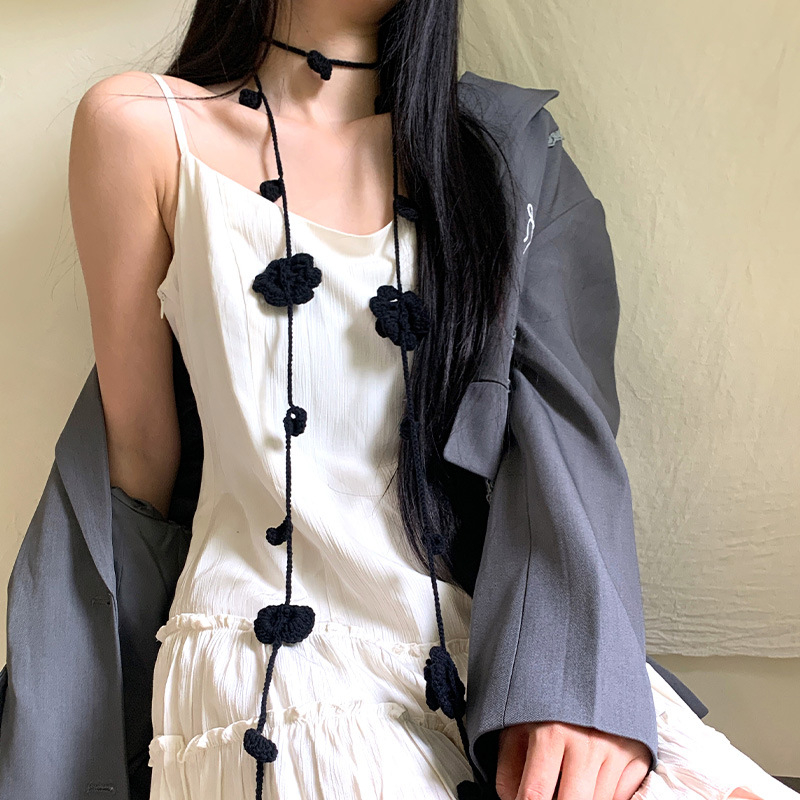 Fekete Rózsa Niche Kézzel Kötött Keskeny Hosszú Csíkos Női Y2K Niche Nyakkiegészítők Nyaklánc Lánc