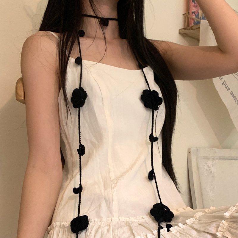 Fekete Rózsa Niche Kézzel Kötött Keskeny Hosszú Csíkos Női Y2K Niche Nyakkiegészítők Nyaklánc Lánc