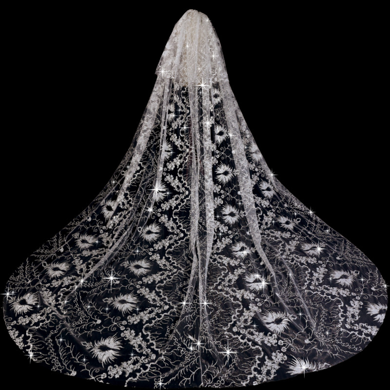 A menyasszony esküvői fő esküvői fátyol, kiváló minőségű érzékkel a nehéziparhoz, hosszú farok, nagy fátyol, szuper tündér esküvői fotózás, fátyolfej