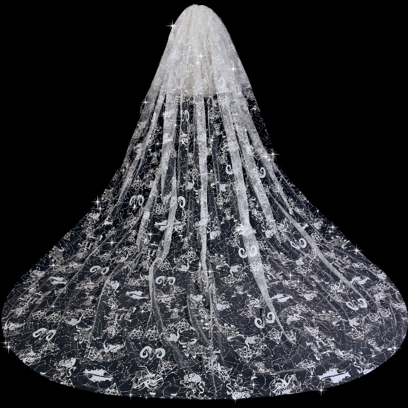 A menyasszony esküvői fő esküvői fátyol, kiváló minőségű érzékkel a nehéziparhoz, hosszú farok, nagy fátyol, szuper tündér esküvői fotózás, fátyolfej