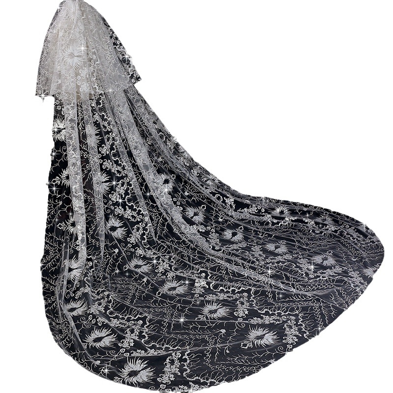 A menyasszony esküvői fő esküvői fátyol, kiváló minőségű érzékkel a nehéziparhoz, hosszú farok, nagy fátyol, szuper tündér esküvői fotózás, fátyolfej