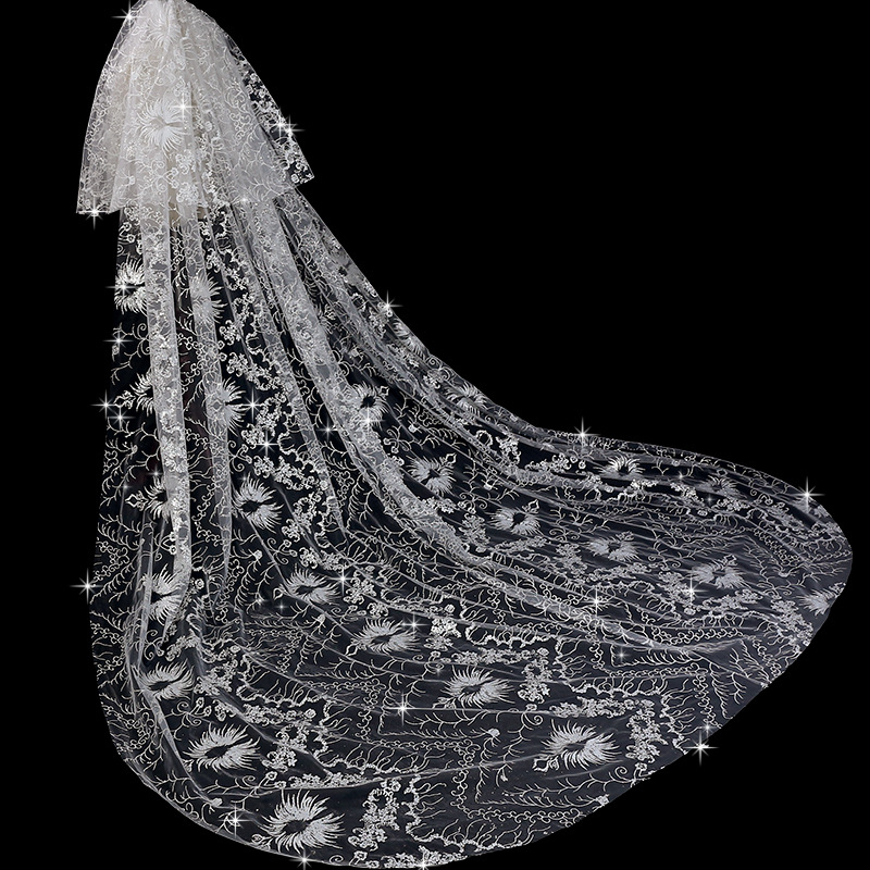 A menyasszony esküvői fő esküvői fátyol, kiváló minőségű érzékkel a nehéziparhoz, hosszú farok, nagy fátyol, szuper tündér esküvői fotózás, fátyolfej