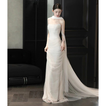 Nuotakos vestuvinė suknelė su vamzdžio formos viršutine dalimi, prancūziška, aukštos klasės, trumpa, paprasta pasveikinimo suknelė