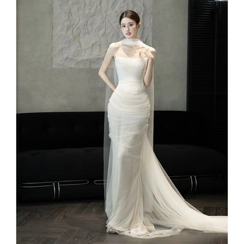 Nuotakos vestuvinė suknelė su vamzdžio formos viršutine dalimi, prancūziška, aukštos klasės, trumpa, paprasta pasveikinimo suknelė