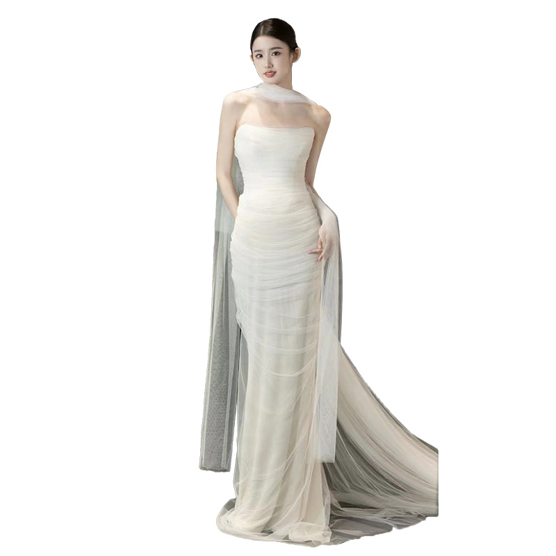 Nuotakos vestuvinė suknelė su vamzdžio formos viršutine dalimi, prancūziška, aukštos klasės, trumpa, paprasta pasveikinimo suknelė