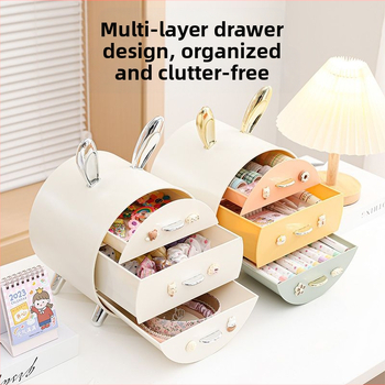 Nyuszi gyerek hajtűs asztali tárolódoboz, többrétegű, fiókos lány diákkollégiumi kozmetikai ékszertároló doboz