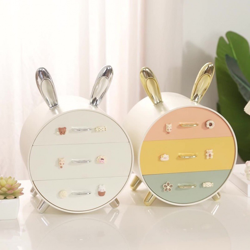 Nyuszi gyerek hajtűs asztali tárolódoboz, többrétegű, fiókos lány diákkollégiumi kozmetikai ékszertároló doboz