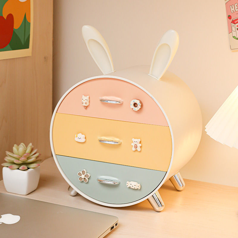 Nyuszi gyerek hajtűs asztali tárolódoboz, többrétegű, fiókos lány diákkollégiumi kozmetikai ékszertároló doboz