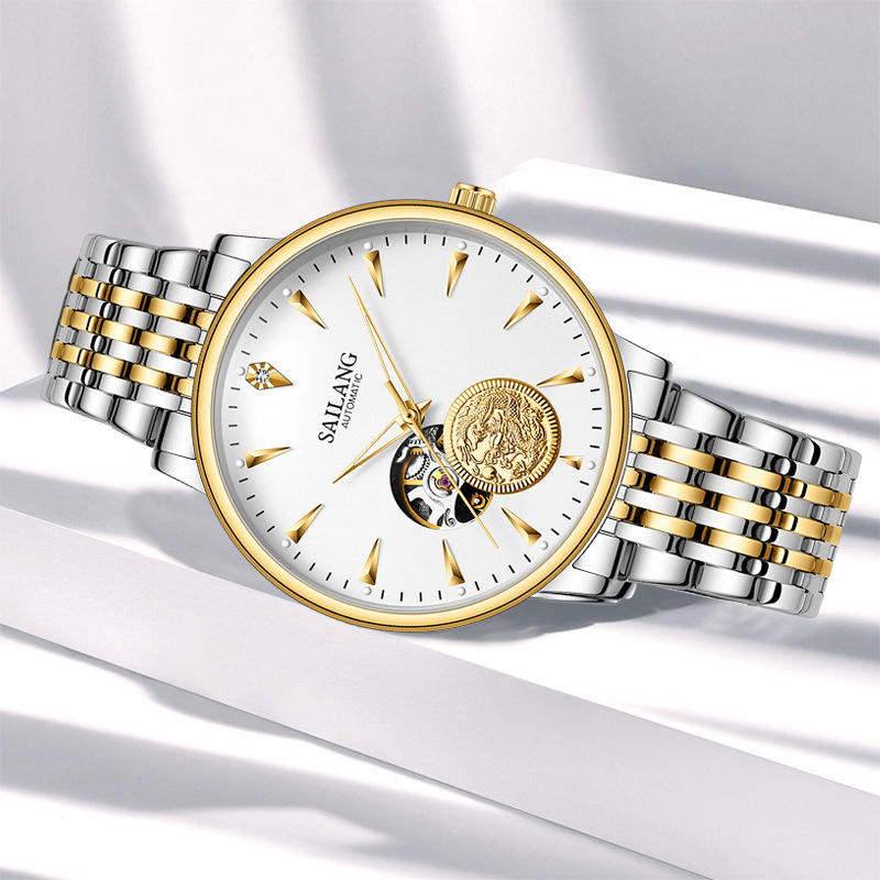 Sailang SAILANG Business Fashion Ceas mecanic complet automat cu gol, piele naturală, fund luminos pentru bărbați, fabrică de ceasuri