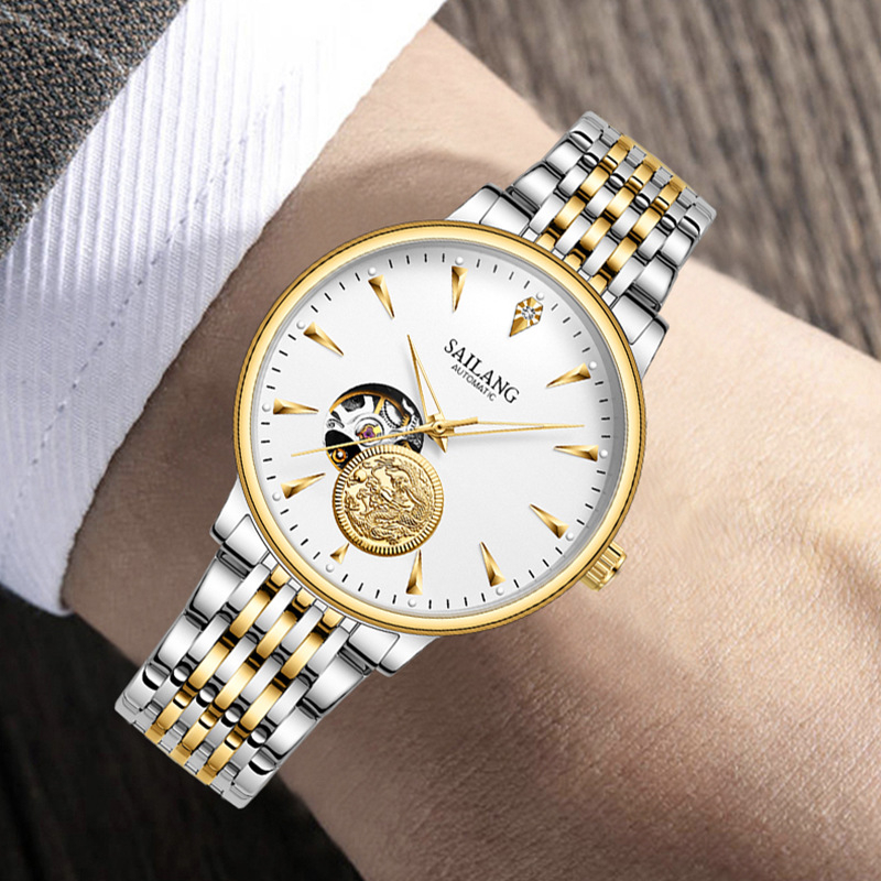 Sailang SAILANG Business Fashion Ceas mecanic complet automat cu gol, piele naturală, fund luminos pentru bărbați, fabrică de ceasuri