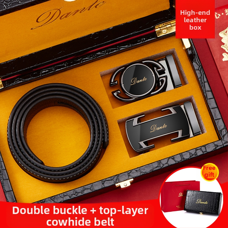 2024-es új, dupla csatos övszett, első rétegű marhabőrből készült, automata csatos férfi öv, valódi bőr nagykereskedelmi öv