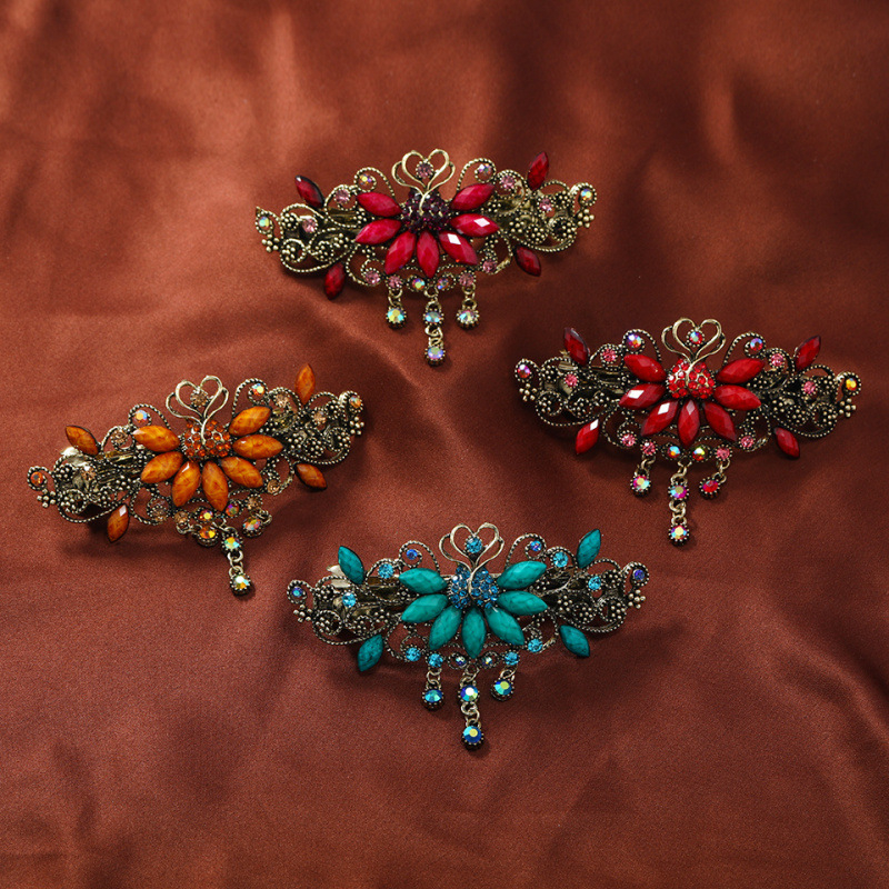 Autentikus retró virágos tavaszi hajcsat, kínai stílusú hajcsat, egykarakteres csat, nagy vízszintes csat, lófarokcsat, felső csat, eredeti áru