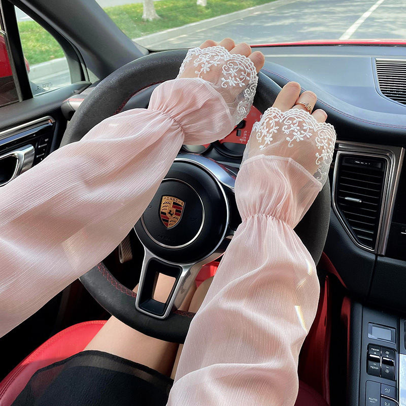 Nėriniuotos, apsaugančios nuo saulės, moteriškos, vasarinės, vairavimo ir jojimo stiliaus, pavėsinės nuo saulės, apsaugančios nuo ultravioletinių spindulių, laisvos, šilko rankovės.