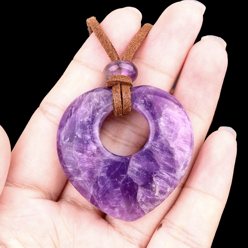 2042-naturaalsest ametüstist õõnes armastuskaelakee roosa tiigrisilmakiviga armastuse ripats südamekujuline kampsuniketiga ehe
