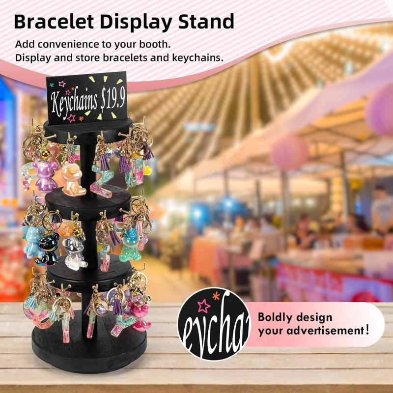 Fa karkötőtartó, forgatható, háromrétegű karkötőtartó, fa karkötőtároló állvány, forgatható fa kijelző állvány