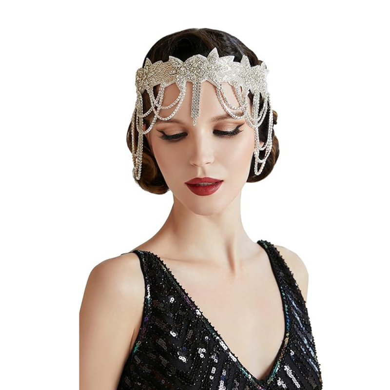 Amazon forrás 1920-as évekbeli Halloween lakoma női bojtos lánc hajpánt dekoráció fekete gyémánt toll tánccal