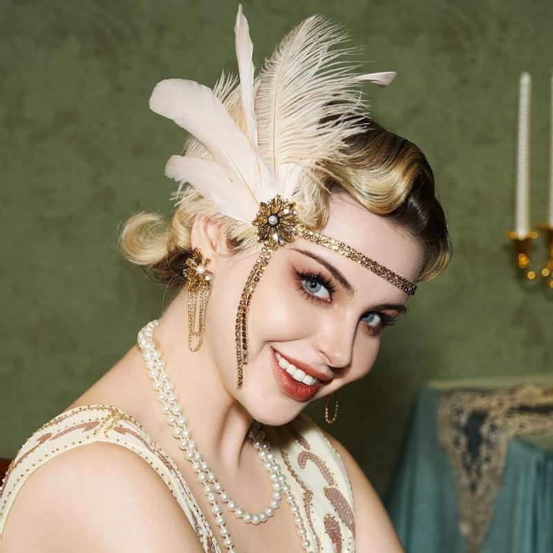 20ndate uus Euroopa ja Ameerika retro kollane sulgedest tutiga juuksepael maskeraadipeo temperamendiga naiste ehtekomplekti partii