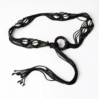 Vintage kerek csattal szőtt széles övű női ruha egyszerű, mindenhez illő dekoratív ruha bojtos kötéllel ellátott deréklánc kiegészítőkkel