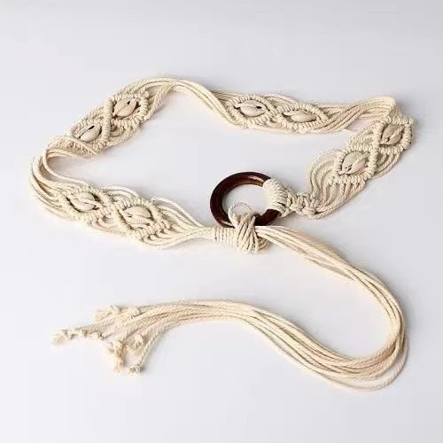 Vintage kerek csattal szőtt széles övű női ruha egyszerű, mindenhez illő dekoratív ruha bojtos kötéllel ellátott deréklánc kiegészítőkkel