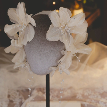 Ανοιχτόχρωμα μαλλιά τσάι λουλούδι νύφη καπέλο φουρκέτα νεράιδα μεγάλο λουλούδι αξεσουάρ μαλλιών φούντα Mori ρομαντικό γάμο κοσμήματα γάμου