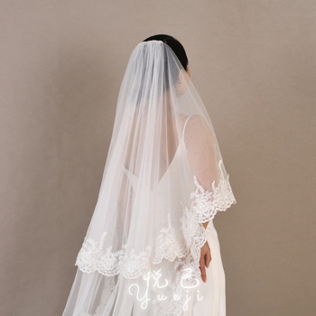 Yueji външна търговия изискан дантелен булчински воал катедрален дълъг бродиран бял воал YJV105