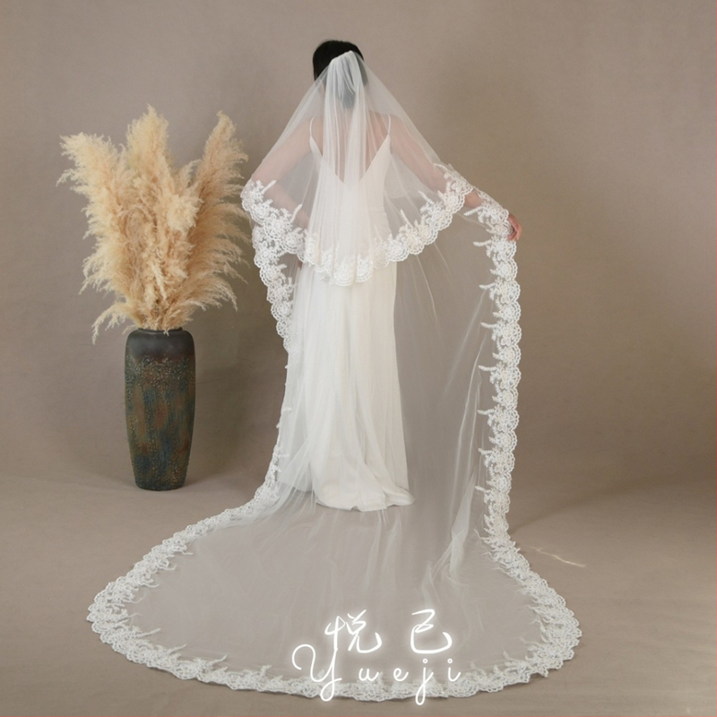 Yueji външна търговия изискан дантелен булчински воал катедрален дълъг бродиран бял воал YJV105