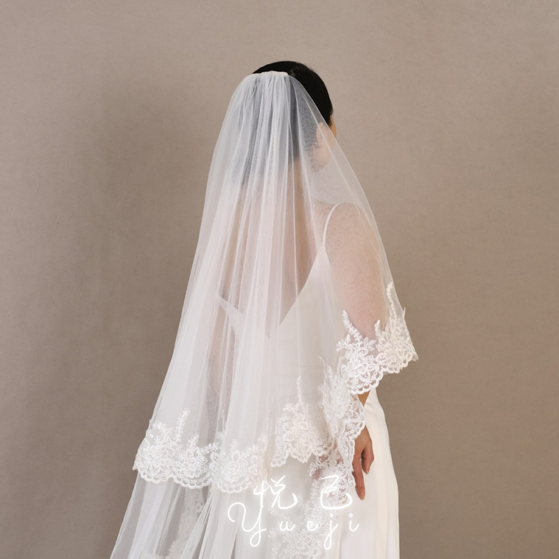 Yueji външна търговия изискан дантелен булчински воал катедрален дълъг бродиран бял воал YJV105