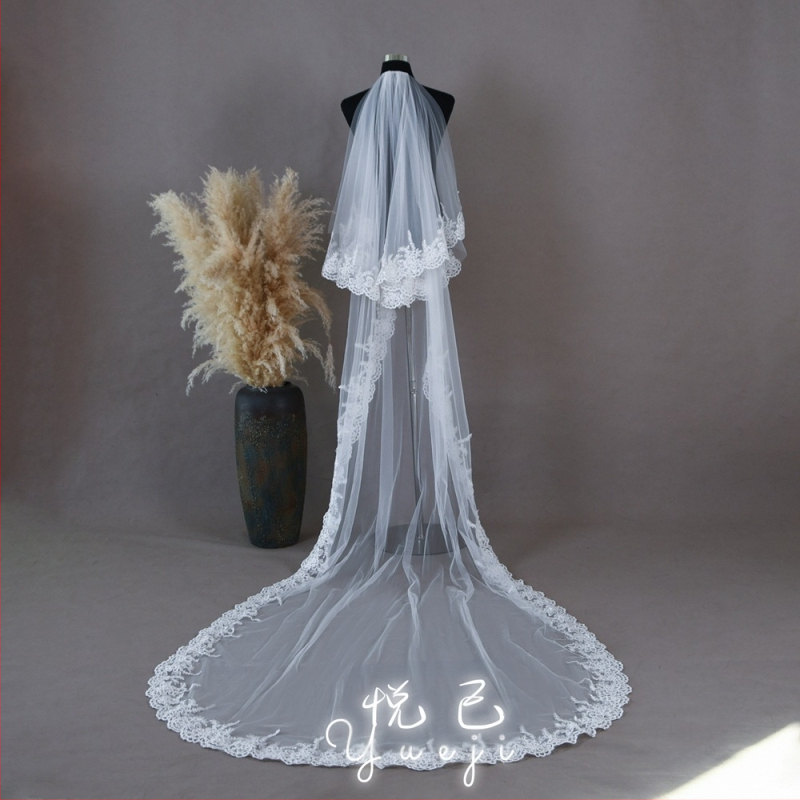 Yueji външна търговия изискан дантелен булчински воал катедрален дълъг бродиран бял воал YJV105