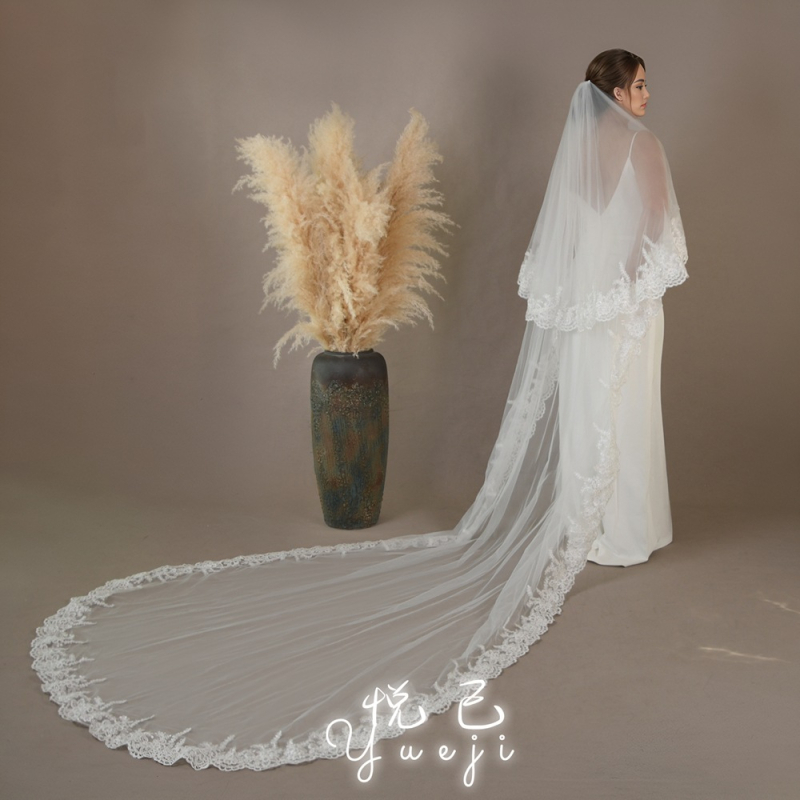 Yueji външна търговия изискан дантелен булчински воал катедрален дълъг бродиран бял воал YJV105