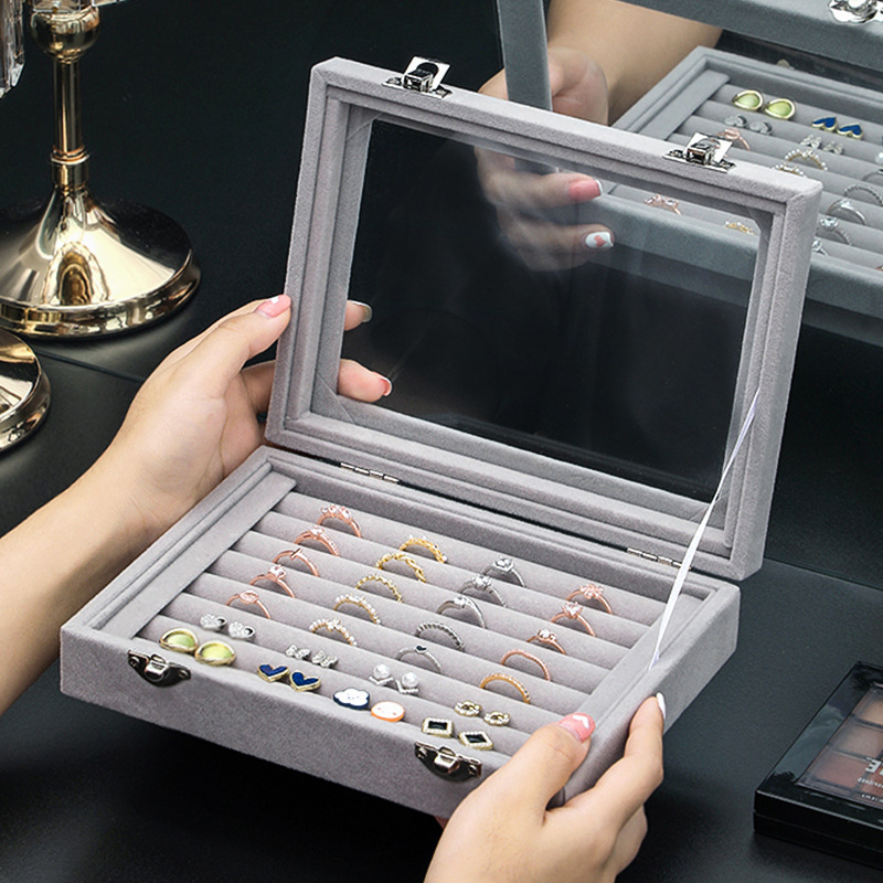 Žiedų dėžutė, flanelinė papuošalų laikymo dėžutė, auskarai, karoliai, papuošalų dėžutė, didelė talpa, dulkėms atspari papuošalų demonstracinė dėžutė su dangteliu