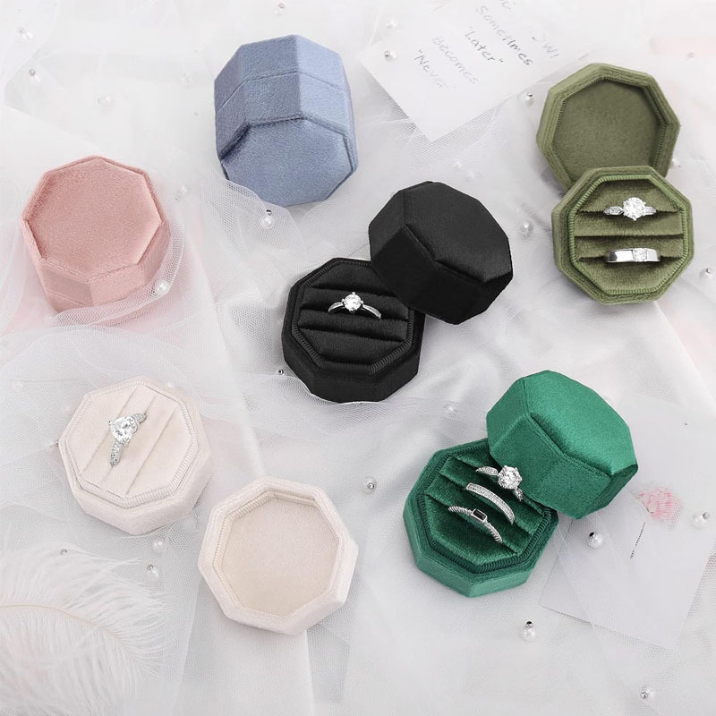 Bársony esküvői gyűrűdoboz nyolcszögletű bársony ékszercsomagoló doboz mini tároló európai és amerikai stílusban