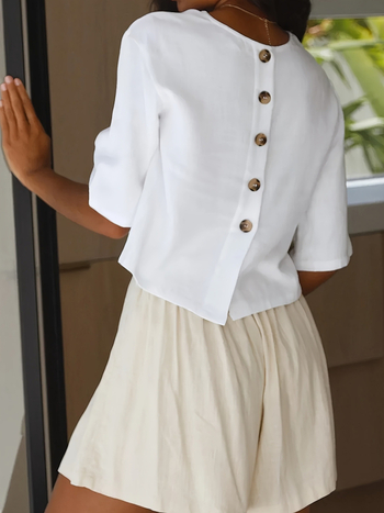 Európai és amerikai, határokon átnyúló, Amazon új, retró, etnikai stílusú, nyári, kerek nyakú, gombos, laza fehér felső