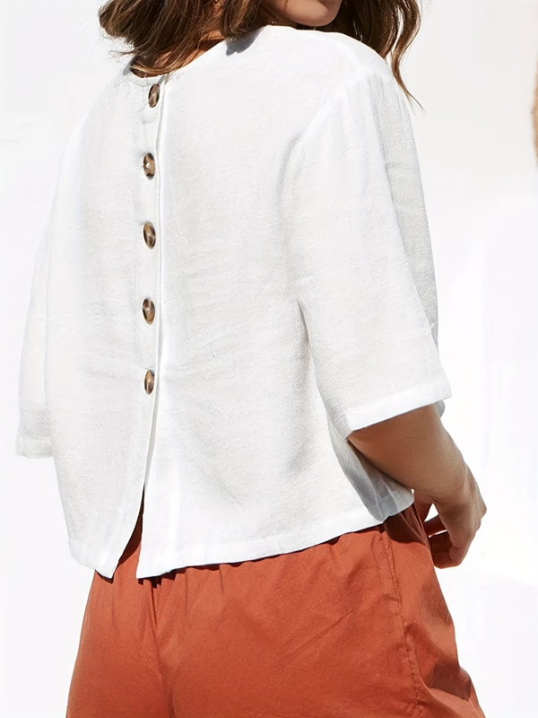 Európai és amerikai, határokon átnyúló, Amazon új, retró, etnikai stílusú, nyári, kerek nyakú, gombos, laza fehér felső