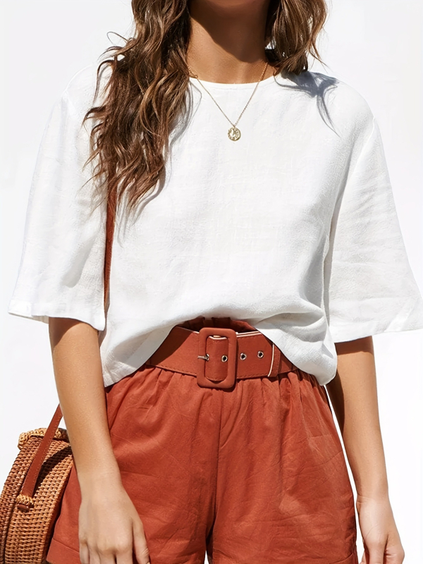 Európai és amerikai, határokon átnyúló, Amazon új, retró, etnikai stílusú, nyári, kerek nyakú, gombos, laza fehér felső