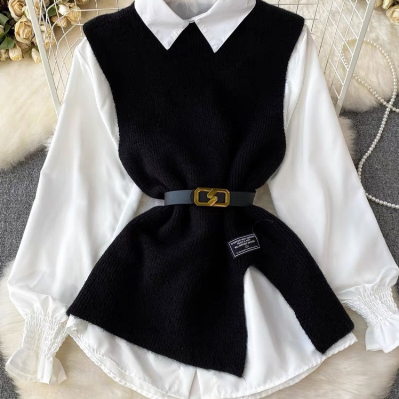 Z2025 Tavaszi és őszi új ing felső női pulóver kosztüm hasított kötött mellény ing nyugati stílusú korcsökkentő kétrészes ing