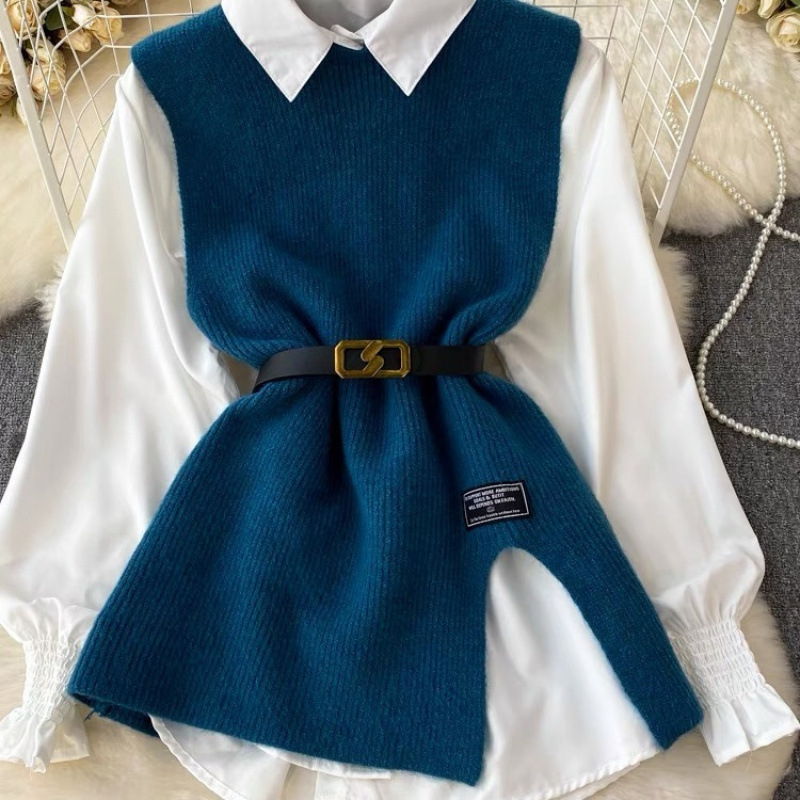 Z2025 Tavaszi és őszi új ing felső női pulóver kosztüm hasított kötött mellény ing nyugati stílusú korcsökkentő kétrészes ing