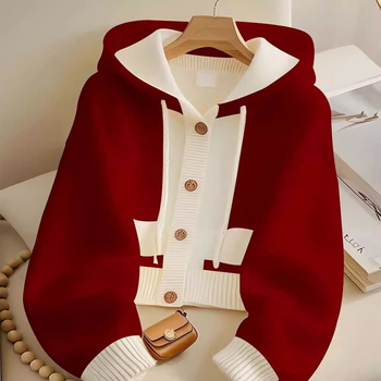 Kontrasztos színű kötött kardigán, kapucnis pulóver, női 2025-ös új tavaszi koreai viselet, niche felső