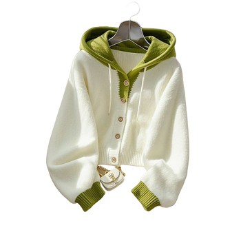 Kontrasztos színű kötött kardigán, kapucnis pulóver, női 2025-ös új tavaszi koreai viselet, niche felső