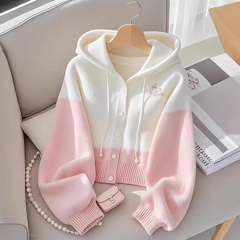 Kontrasztos színű kötött kardigán, kapucnis pulóver, női 2025-ös új tavaszi koreai viselet, niche felső