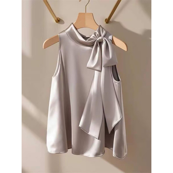 Γαλλικό Στυλ Ελαφρώς Ώριμο Μωβ Σατέν Πουκάμισο με Φιόγκο, Γυναικείο Καλοκαιρινό Μοναδικό, Όμορφο, Αμάνικο Μπλούζα με Νεράιδες και Κυματιστό Στυλ