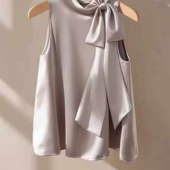 Γαλλικό Στυλ Ελαφρώς Ώριμο Μωβ Σατέν Πουκάμισο με Φιόγκο, Γυναικείο Καλοκαιρινό Μοναδικό, Όμορφο, Αμάνικο Μπλούζα με Νεράιδες και Κυματιστό Στυλ