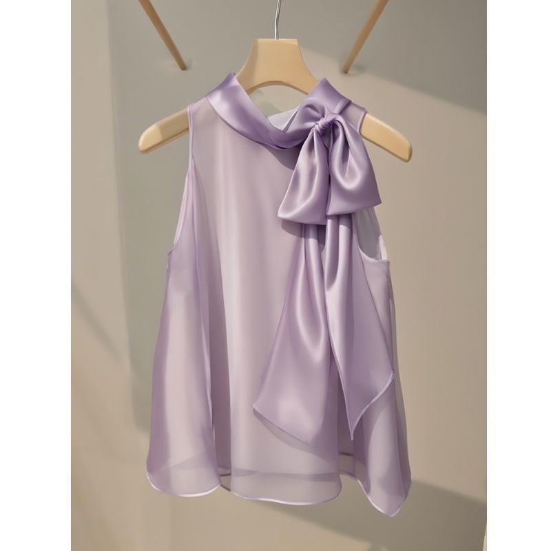 Francia stílusú, enyhén érett, niche lila szatén masnis női nyári, egyedi, tündéri, gyönyörű, lenge ujjatlan felső