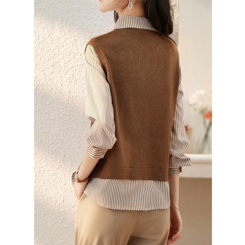 Pavasario ir rudens naujo dizaino madingas, universalus, netikras dviejų dalių, 22 atvartų dryžuotas siuvinėjimo stilingas marškinėliai, moteriški ilgomis rankovėmis.