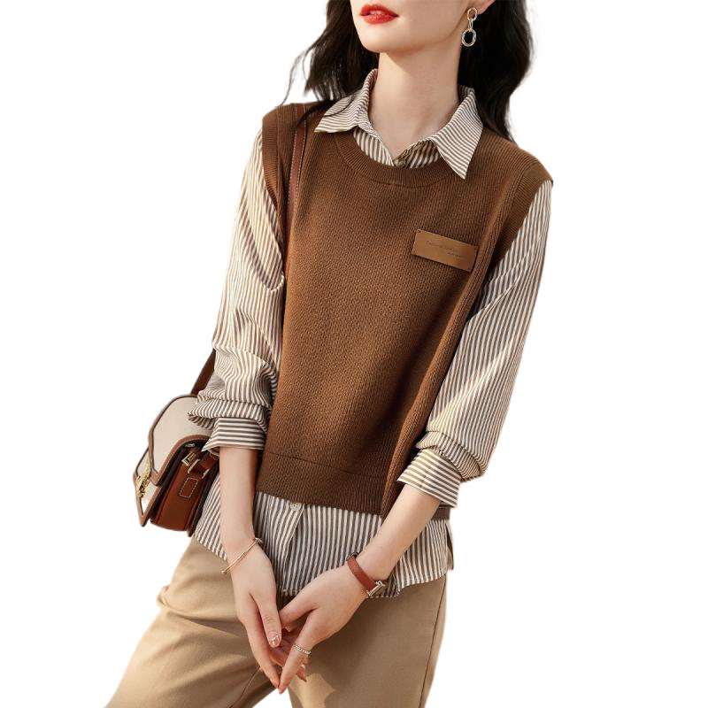 Pavasario ir rudens naujo dizaino madingas, universalus, netikras dviejų dalių, 22 atvartų dryžuotas siuvinėjimo stilingas marškinėliai, moteriški ilgomis rankovėmis.