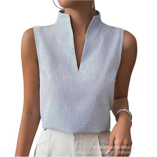 2025 Amazon európai és amerikai export női nyári csíkos V-nyakú ujjatlan pulóver divatos hétköznapi felső