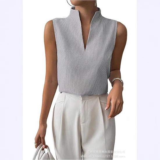 2025 Amazon európai és amerikai export női nyári csíkos V-nyakú ujjatlan pulóver divatos hétköznapi felső
