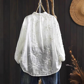 2025 tavaszi új, háromdimenziós, virágos hímzésű, pamut, laza, karcsúsító, édes, mindenhez illő, állógalléros hosszú ujjú ing